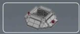 3D architectural model of a building with grid structure and two red markers (no text or symbols)