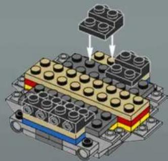 3D diagram of a LEGO structure with stacked blocks and a top view showing two components (no text or symbols)