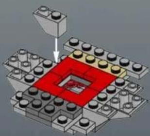 3D diagram of a LEGO structure with a red square base and black circular elements, no text or symbols present