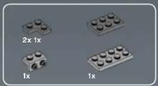 Four LEGO-shaped blocks with different sizes and faces, labeled 1x and 2x (no text or symbols on the blocks themselves)