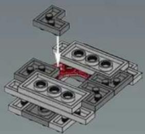 3D mechanical assembly diagram showing layered components with a highlighted red section (no text or symbols)