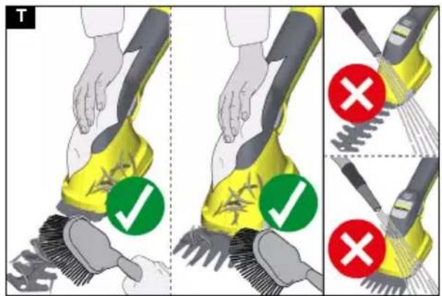 Illustration showing three steps of cleaning a broom with checkmarks and red X marks indicating removal or rejection.