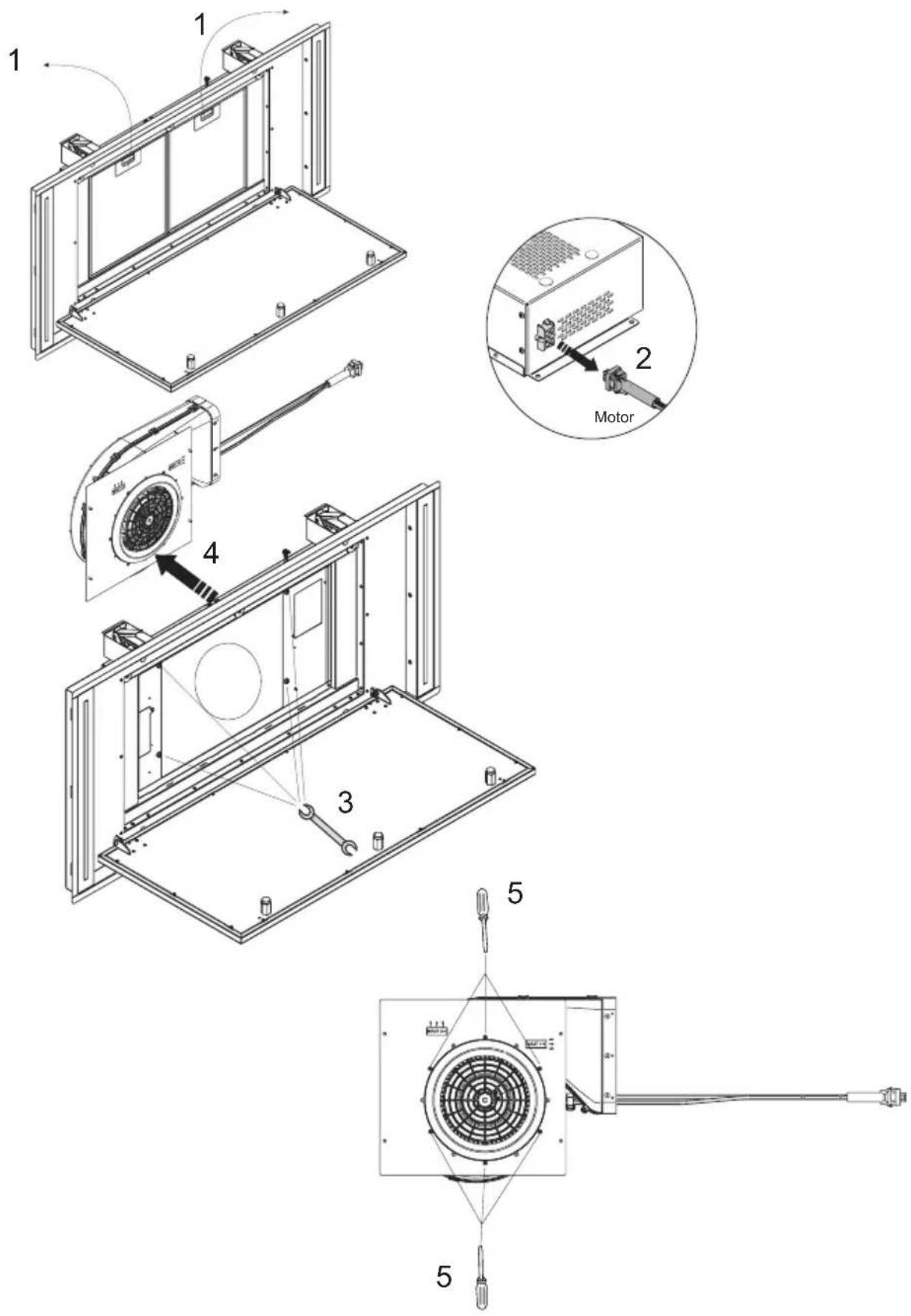 Technical diagram of an air conditioning unit with labeled components and a motor assembly view
