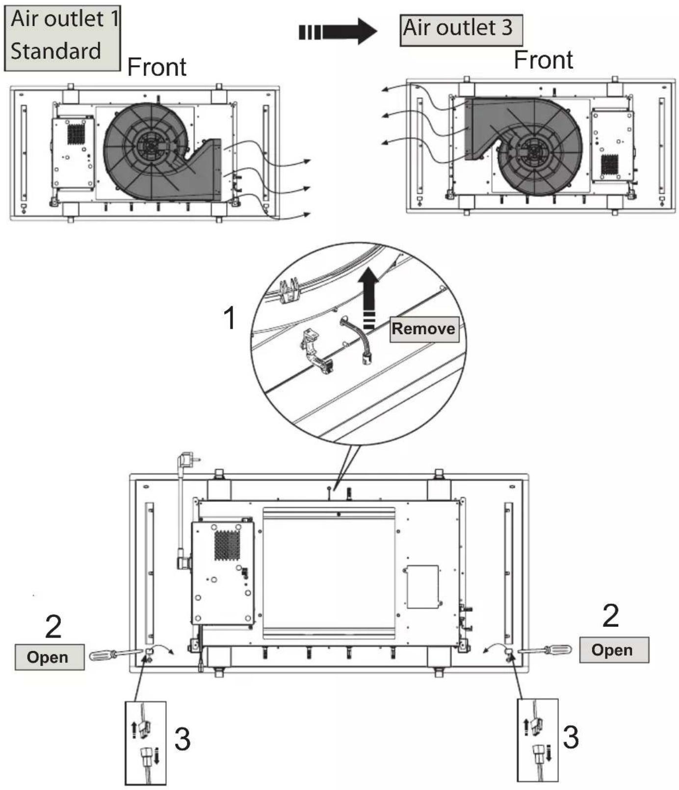 Air outlet 1 Standard Front Air outlet 3 Front 1 Remove 2 Open 3 2 Open 3