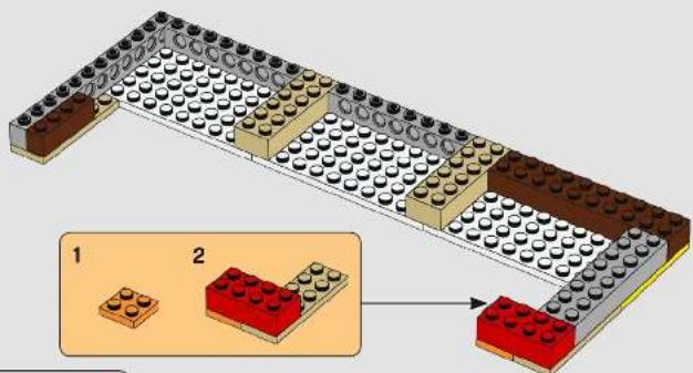 Diagram illustrating a LEGO structure with labeled components and an inset showing two red blocks on a base.