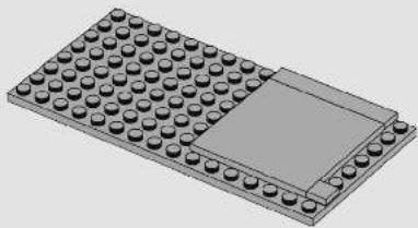 Isometric view of a LEGO-printed rectangular base with circular indentations and a rectangular slot (no text or symbols)
