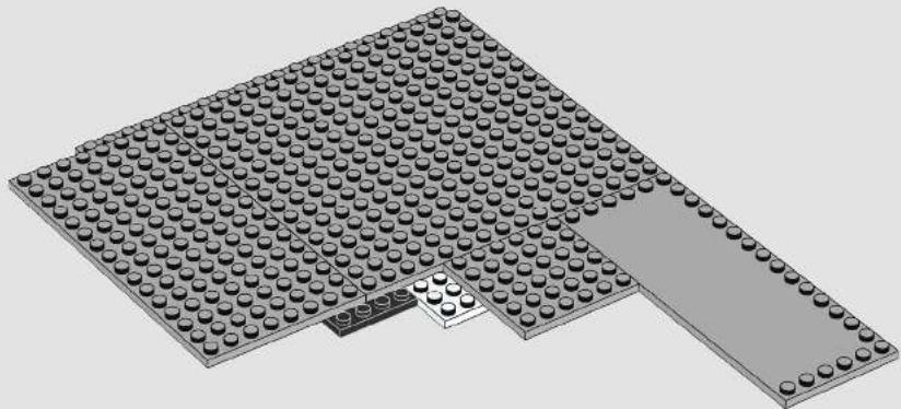 3D rendering of a LEGO floor plan with multiple circular holes and a small rectangular base (no text or symbols)