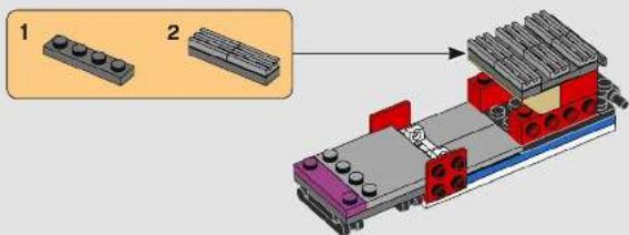 Diagram showing two LEGO components with labeled parts and a 3D mechanical assembly view