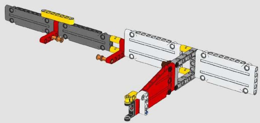 3D mechanical assembly diagram showing red and yellow components with mounting holes and shafts (no text or symbols)