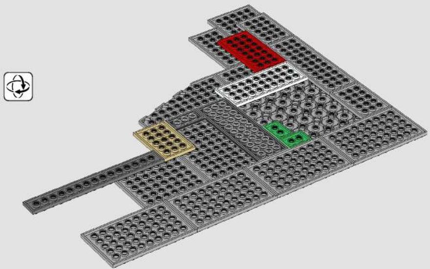 3D architectural layout of a building with circular grid patterns and colored blocks (red, yellow, green) indicating different components or structures.