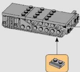 3D mechanical component diagram showing internal structure with mounting holes and a highlighted base component (no text or symbols)