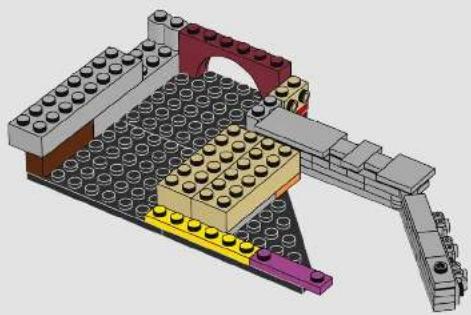 3D architectural model of a LEGO structure with multiple legs, arches, and structural elements (no text or symbols)