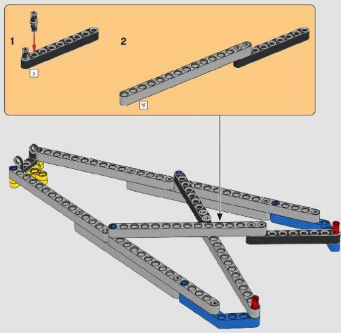 Technical diagram showing assembly steps of a mechanical linkage system with labeled components and directional arrows