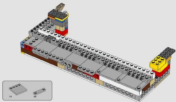 3D architectural model of a multi-story building with visible structural elements and a small inset showing two labeled components (FX and 3X).