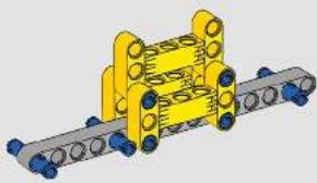 3D mechanical assembly diagram showing a yellow structural frame with blue bolts and gray shafts (no text or symbols)
