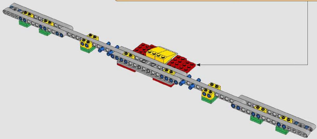 3D diagram of a mechanical assembly with LEGO blocks and blue circular components, no text or symbols present