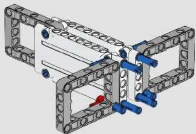 3D mechanical assembly diagram showing interconnected brackets with blue and red components (no text or symbols)