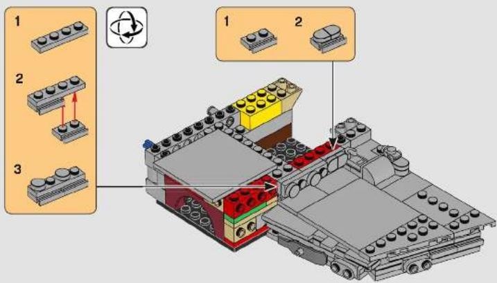 Labeled diagram of a LEGO building assembly showing three components and a mechanical assembly with highlighted parts.
