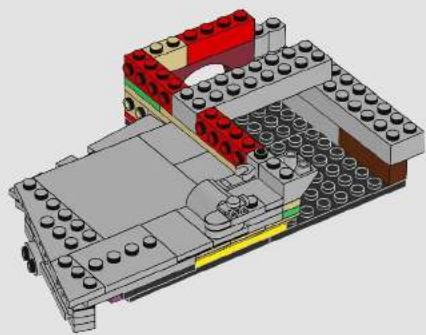 3D architectural diagram of a LEGO building assembly with visible structural elements and no text or symbols