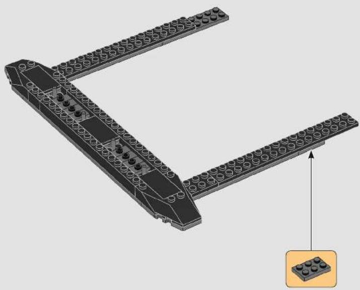 3D diagram of a LEGO structure with two vertical members and a base block, showing structural details without any text or symbols.