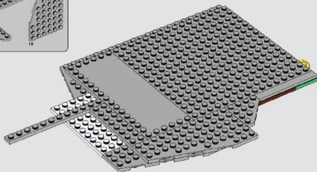 3D architectural model of a LEGO structure with a base and window, showing no text or symbols