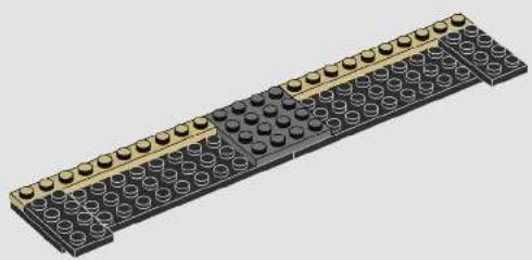 3D rendering of a black and gold LEGO brick structure with circular holes (no text or symbols)