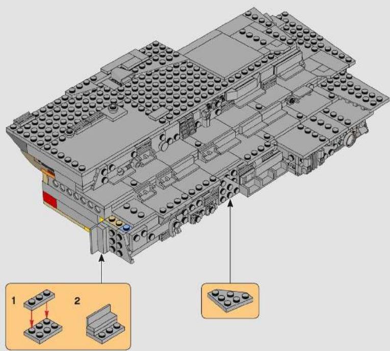 Lego assembly diagram showing two labeled components with numbered parts and structural details