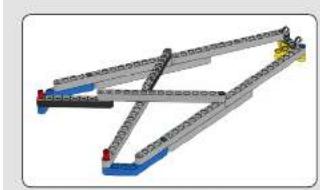3D mechanical linkage diagram with blue and gray components (no text or symbols)