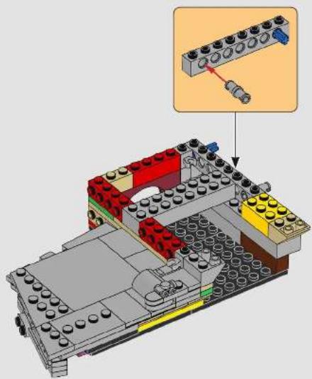 Lego assembly diagram showing a vehicle chassis with numbered blocks and a close-up of the component being inserted (no text or symbols present)