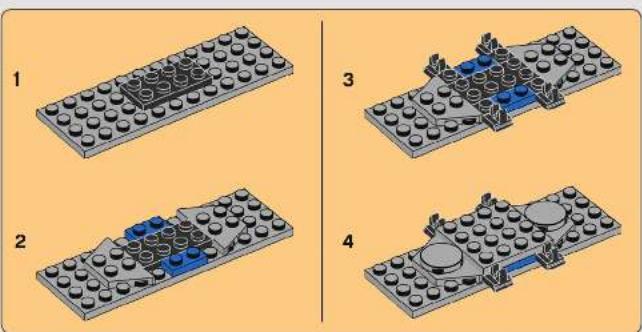 Diagram showing four steps of assembling a LEGO base with labeled components and blue blocks indicating assembly or repair.