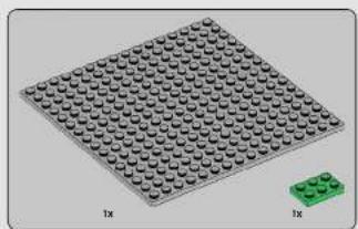 3D rendering of a LEGO floor with circular indentations and a small green component labeled 'hx' (no text or symbols on the base)