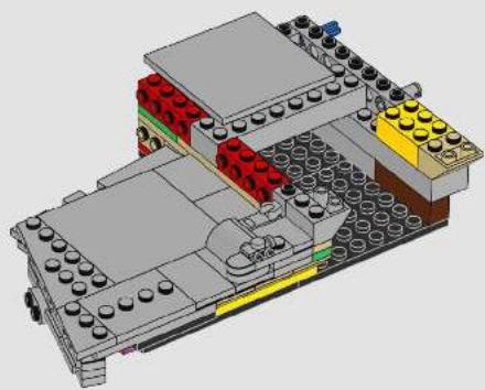 3D architectural diagram of a LEGO building with visible structural elements and components (no text or labels)