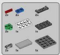 Collection of 3D LEGO blocks with labeled dimensions (2x, 1x) and color-coded blocks (blue, green, black), no text or symbols present.
