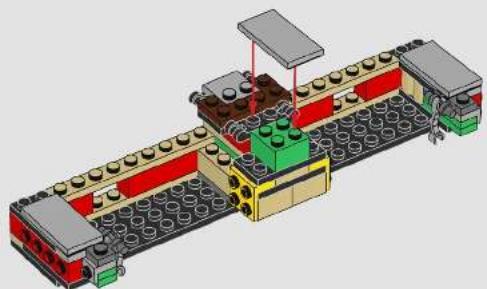 Isometric diagram of a LEGO factory assembly with labeled components (no text or symbols)