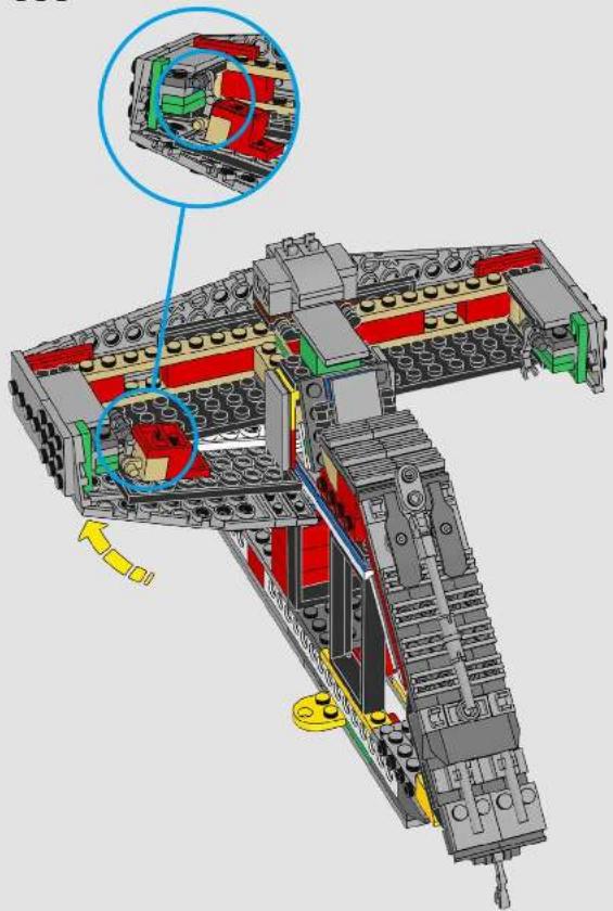3D mechanical assembly diagram of a LEGO building with visible structural components and highlighted internal parts (no text or symbols)