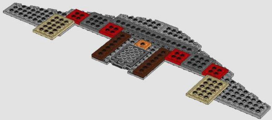 3D architectural model of a multi-level building structure with red and brown components (no text or symbols)