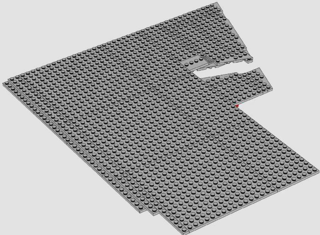 3D architectural model of a building layout with a highlighted section and a small red marker (no text or symbols)
