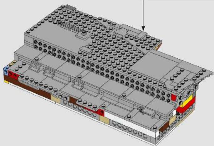 3D architectural diagram of a multi-story building with visible structural elements and a directional arrow (no text or symbols)