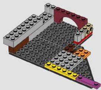 3D architectural model of a LEGO structure with multiple legs and a central platform (no text or symbols visible)