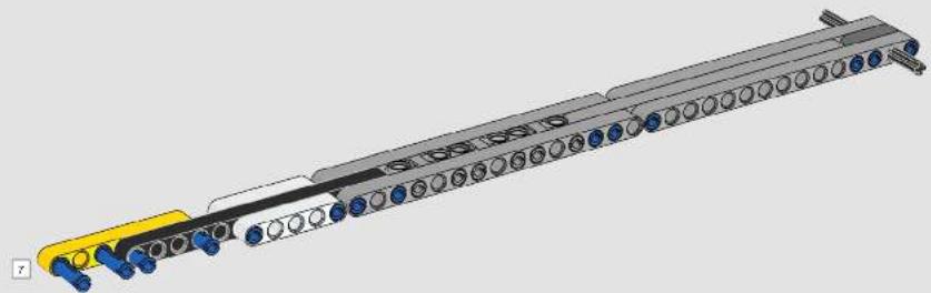 3D mechanical assembly diagram showing a long shaft with multiple circular components and blue connectors (no text or symbols visible)