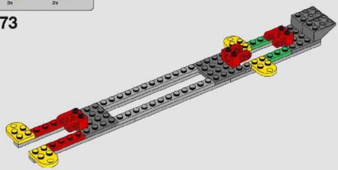 3D diagram of a LEGO mechanical assembly with red and yellow components on a gray base (no text or symbols)