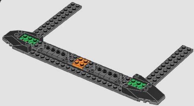 3D model of a LEGO structure with green and orange components, no text or symbols visible