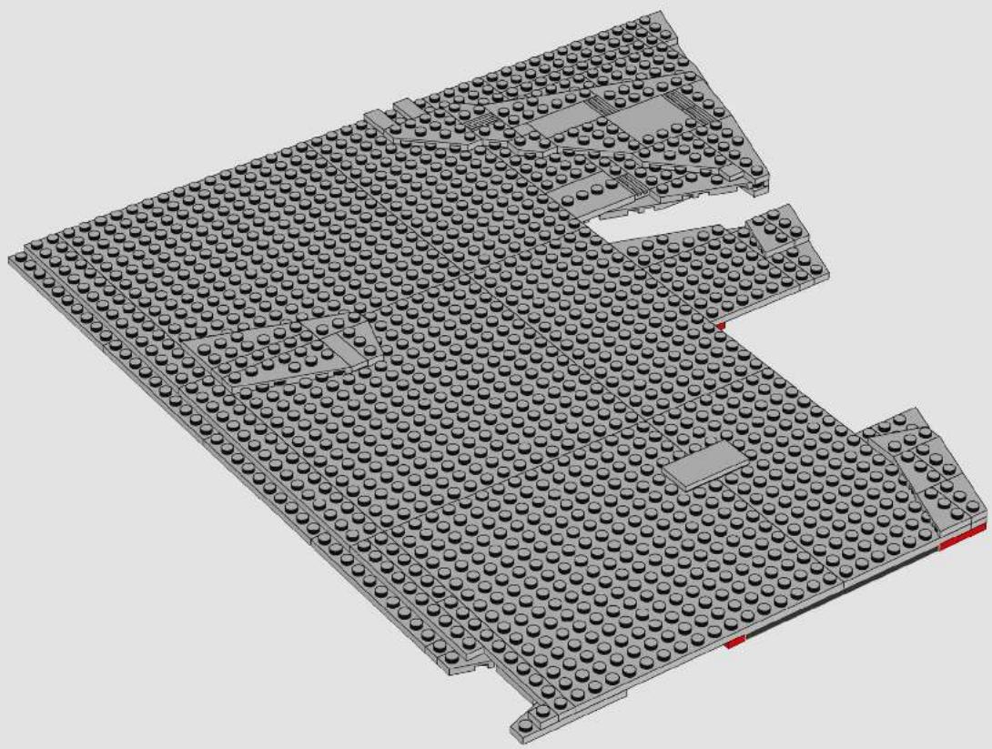 3D architectural model of a building layout with multiple circular elements and a red accent line (no text or symbols)