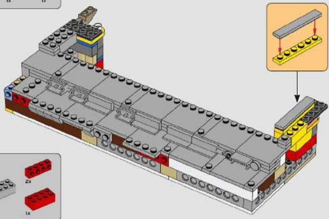 3D architectural model of a building with LEGO components and an inset showing a structural assembly (no text or symbols)
