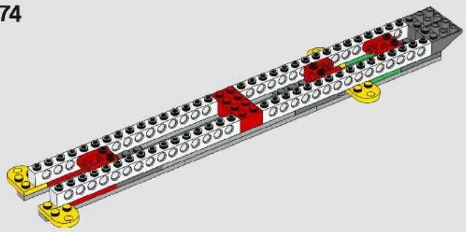 3D diagram of a multi-level LEGO structure with red and green components, no text or symbols present