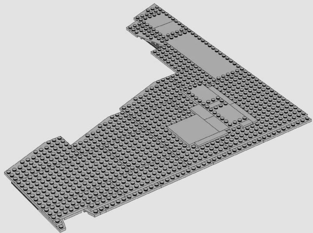 3D architectural rendering of a building layout with multiple circular elements and a central rectangular space (no text or symbols)