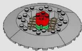 3D mechanical assembly diagram showing a central red component surrounded by multiple circular components (no text or symbols)