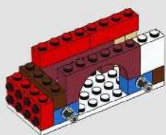 3D diagram of a LEGO structure with red and blue components, showing internal layers and mounting holes (no text or symbols)