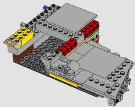 3D architectural diagram of a LEGO building assembly with visible structural elements and no text or symbols