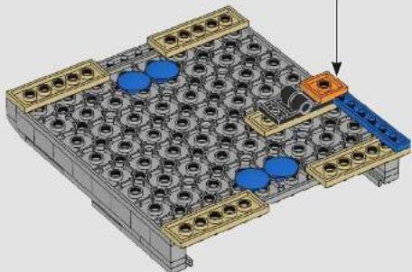 3D mechanical assembly diagram showing a grid of bolted components with blue and orange parts, no visible text or symbols